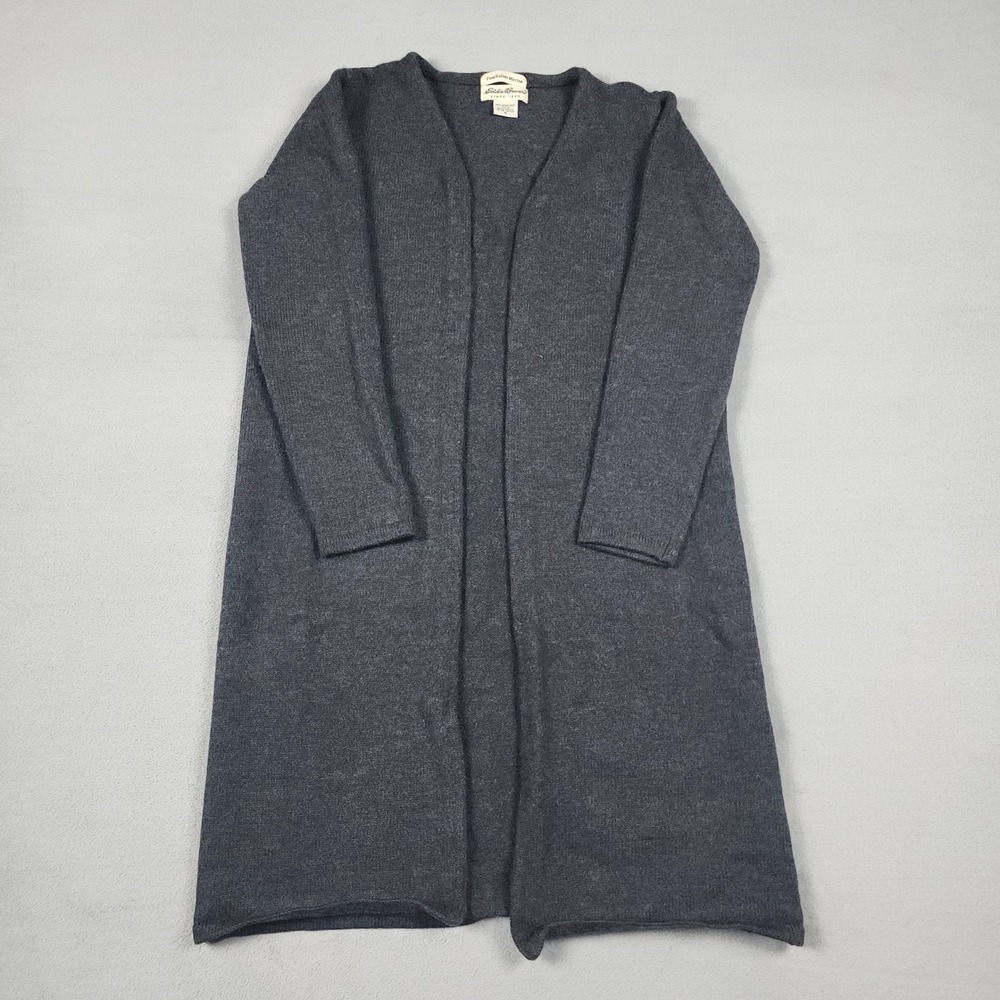 Eddie Bauer Fine Italian Merino Cardigan Womens M Gray 100% Wool Long Open Front